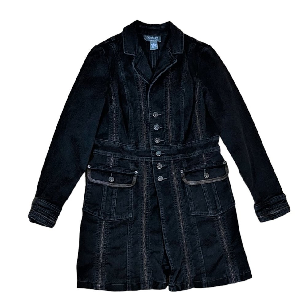 Motto 98% Cotton Button Front Long Jacket/Blazer Black Denim Brown Trim, Sz XS